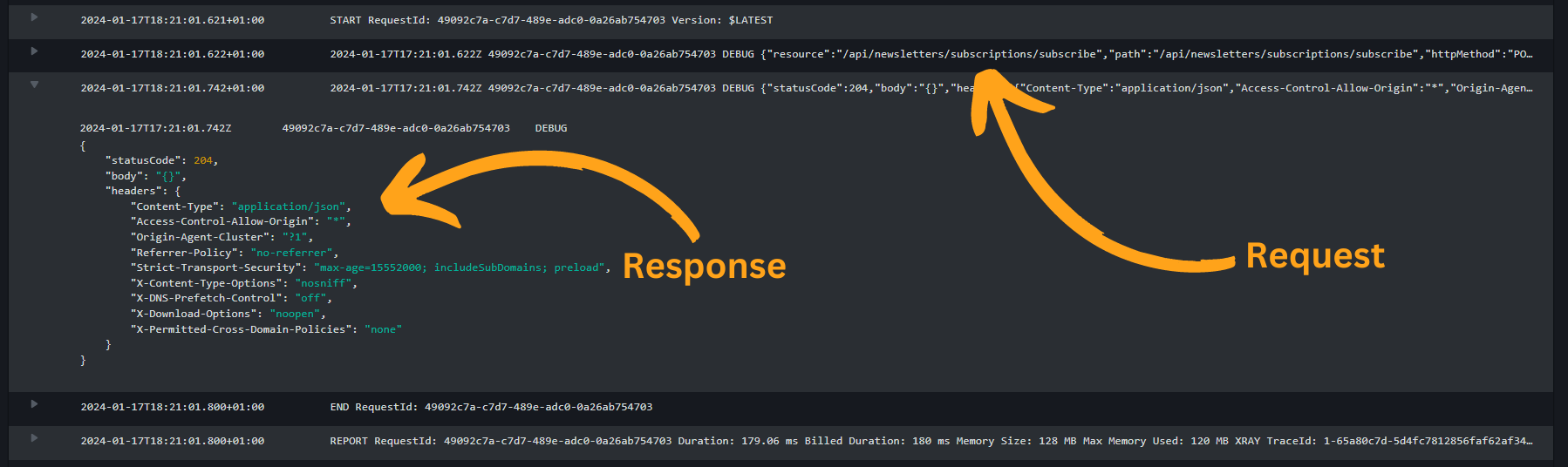Logs for input and output Middy middleware
