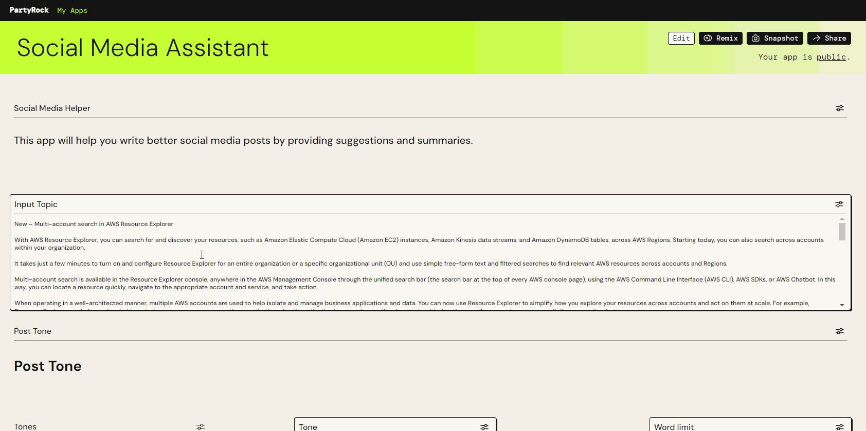 PartyRock Social Media Assistant demo